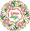  Cinco de Mayo (5th May) design with hand drawn calligraphy lettering. Chilli, cactus, sombrero and maracas - frame of symbols of holiday. Vector illustration isolated on white backgrou