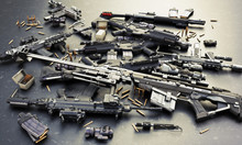 Weapons Stash With Automatic Assault Rifles And Accessories,shotgun And Sniper Rifle. Consisting Of Bullet Rounds, Magazines , Front And Rear Sites , And A Laser Guided Rifle Scope. 3d Rendering