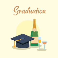 graduation design with graduation cap and champagne bottle over yellow background, colorful design. vector illustration