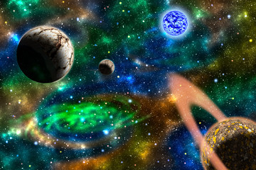 Green galaxy background with planets and nebula