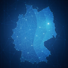 Wall Mural - Polygon Germany map with blockchain technology peer to peer network on futuristic hud background. Network, p2p business, commerce, bitcoin trading and cryptocurrency blockchain business banner concept