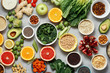 Top view flat lay different vegetarian ingredients cooking healthy food