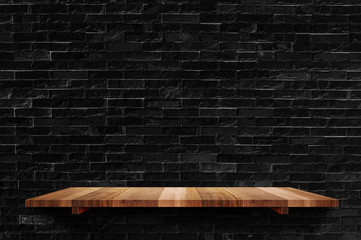 Aufkleber - Empty wood board shelf at black brick wall background,Mock up for display or montage of product or design