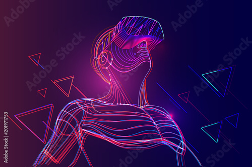 Man wearing virtual reality headset. Abstract vr world with neon lines. Vector illustration