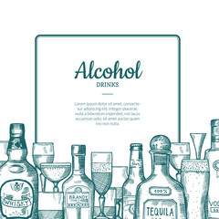 Wall Mural - vector hand drawn alcohol drink bottles and glasses frame with place for text with below illustratio