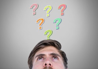 Poster - Man with colorful funky question marks emerging from head