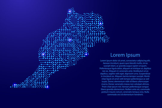 Map Morocco from printed board, chip and radio component with blue star space on the contour for banner, poster, greeting card, of vector illustration.