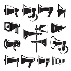 Poster - Set monochrome pictures of megaphones. Vector symbols of advertising