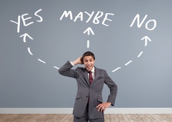 Poster - Man thinking Yes No Maybe text with arrows graphic on wall