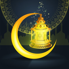 Wall Mural - Vector Ramadan kareem vector greetings design with lantern or fanoos mock up with golden background.