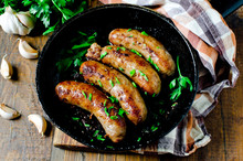 Homemade Sausages From Turkey (chicken) Fried In A Frying Pan
