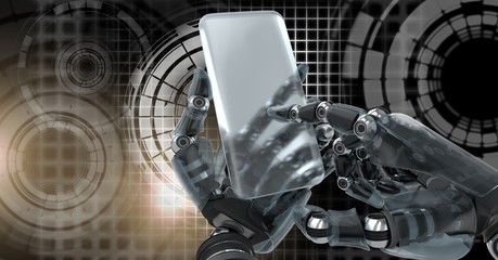 Poster - Robotic android hand using phone device and Glowing circle