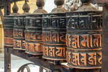 Tibetan Wooden Drums With Prayers. Concept Of Tourism And Religion. Nepal Himalayas