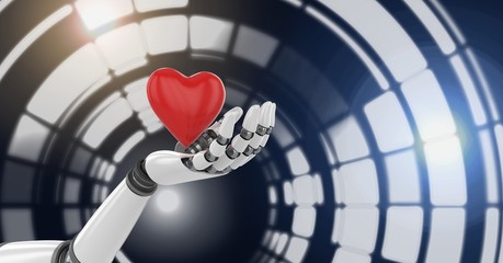 Poster - Robotic android hand holding heart and Glowing circle technology