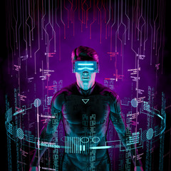 Wall Mural - virtual data explorer man / 3d illustration of male figure surrounded by glowing virtual user interf