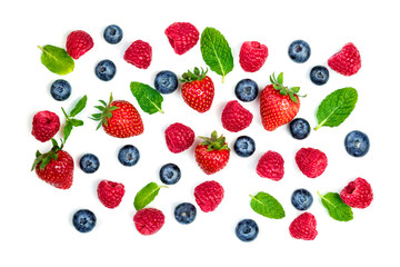 Wall Mural - Fresh Berries mix isolated on white background. Various Berries set. Top view.