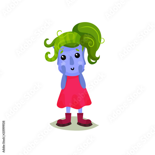 Cute Girl Troll With Green Hair Funny Fairy Tale Character Vector