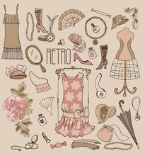 Set Of Vintage Fashion Accessories, Background. Vector Illustration.