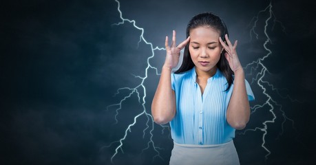 Poster - Lightning strikes and stressed woman with headache holding head