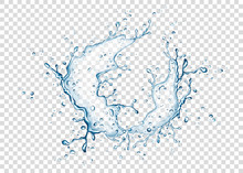 Blue Water Splash And Drops Isolated On Transparent  Background.