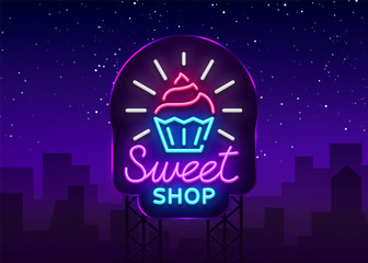 Wall Mural - Sweet Shop logo is neon style. Candy Shop neon sign, banner light, bright neon night sweets advertising. Design template for your projects. Vector illustration. Billboard