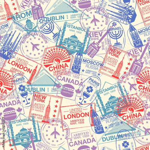 Seamless Pattern With World Visa Rubber Stamps On Passport Barcelona France Moscow China Canada Dublin Usa Istanbul Rome Kiev London Immigration Signs Airport Travel Vector Illustration Buy This Stock Vector And