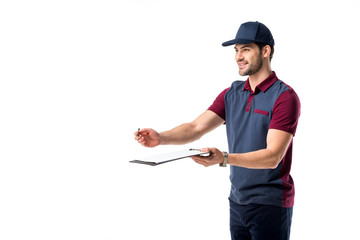 Canvas Print - smiling delivery man with pen and notepad isolated on white