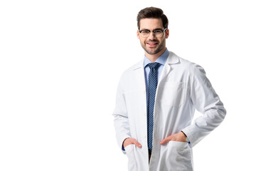 Sticker - Smiling doctor wearing white coat isolated on white