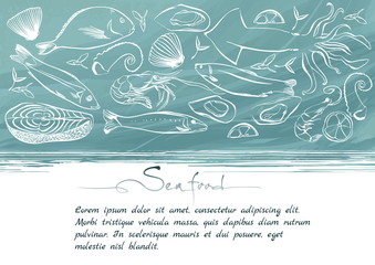 Wall Mural - Seafood hand drawn illustration. Template design can be used for meny, banner, flyer, card, poster.