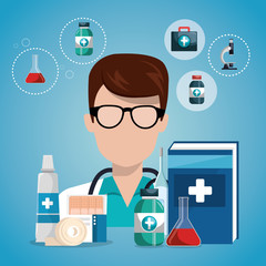 Sticker - doctor with medical service icons vector illustration design