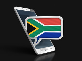 Poster - Touchscreen smartphone and Speech bubble with South African republic flag. Image with clipping path