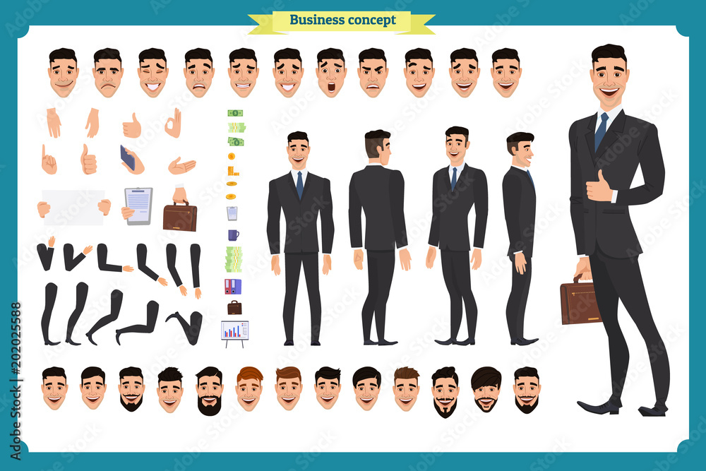 Front, side, back view animated character. Manager character creation ...