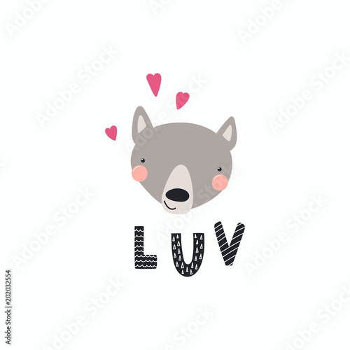 Hand Drawn Vector Illustration Of A Cute Funny Wolf Face With Hearts Lettering Quote Luv Isolated Objects Scandinavian Style Flat Design Concept For Children Print Buy This Stock Vector And Explore