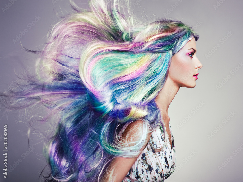 Poster Beauty Fashion Model Girl With Colorful Dyed Hair Girl
