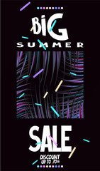 Wall Mural - Big summer sale banner with colorful design elements and tropical leaves. Vector illustration