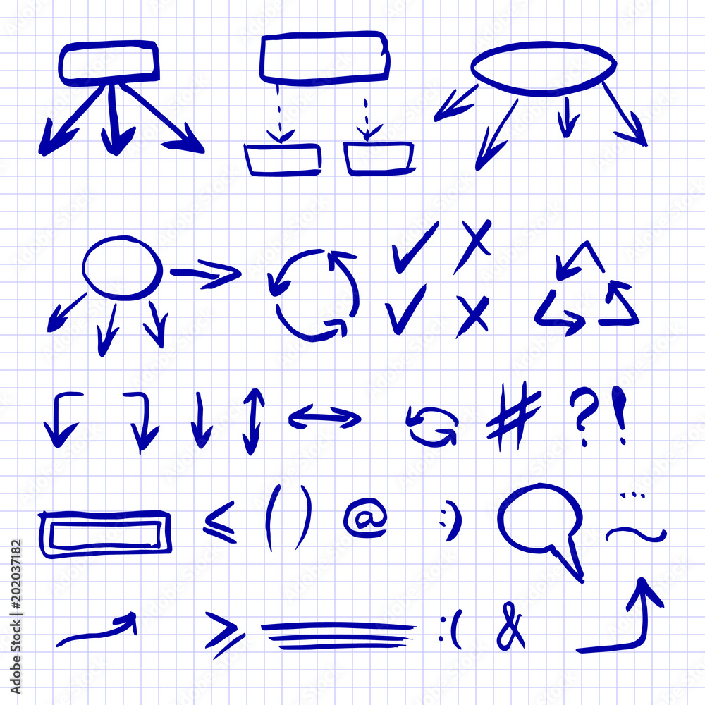 Hand drawn vector illustration set isolated on the checkered notebook ...