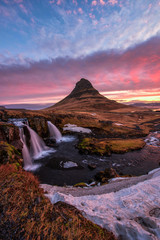 Wall Mural - Spectacular sky above the scenery and waterfalls, Kirkjufell Mountain, Iceland.