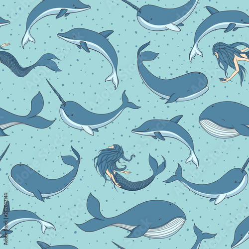 Materiał do szycia Wektor wzór z syreny, narwhals, wieloryby i delfiny na kropkowanym tle niebieski. Stworzeń morskich, syreny i życia morskiego.