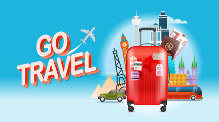 Sticker - Vacation travelling concept. Go travel. Vector travel illustration with red bag