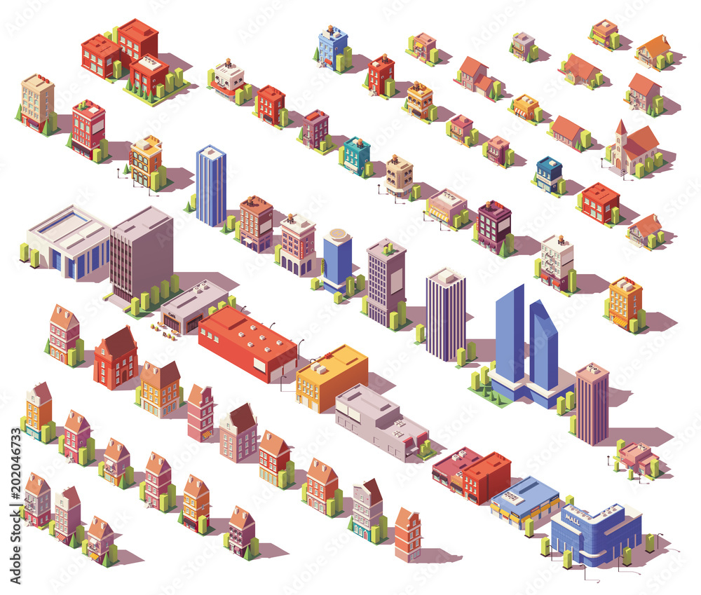 Vector low poly isometric buildings set Stock Vector | Adobe Stock