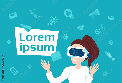 Girl Wearing 3d Virtual Reality Glasses Over Abstract Web Icons