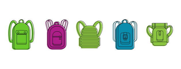 Wall Mural - Backpack icon set. Color outline set of backpack vector icons for web design isolated on white background