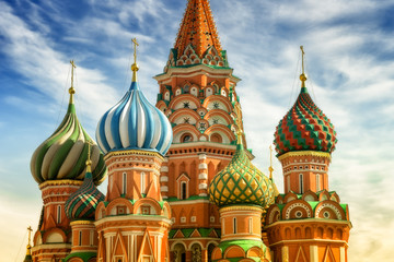 Wall Mural - St. Basil Cathedral, Red Square, Moscow, close up view on cupola at the sunny day