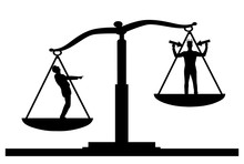 Silhouette Vector Of An Ordinary Man On Scales Of Justice, He Is In Priority And He Laughs At A Selfish Man With A Crown On His Head