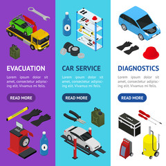 Poster - Car Service Interior with Furniture Banner Vecrtical Set Isometric View. Vector