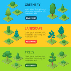 Sticker - Green Trees Park Banner Horizontal Set 3d Isometric View. Vector