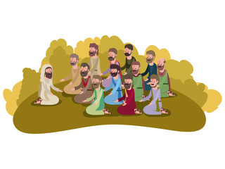 Wall Mural - jesuschrist praying with apostles biblical scene vector illustration design