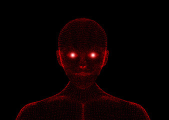 Poster - Red evil. Wireframe model with connection lines on black background, artificial intelligence in futuristic technology concept, 3d illustration