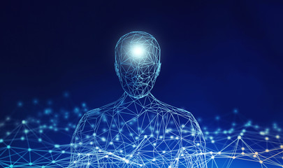 Fototapete - Human. Wireframe model with connection lines on blue background, artificial intelligence in futuristic technology concept, 3d illustration