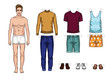 Vector colorful set of fashionable men's outfits isolated from background. Cartoon style guy paper doll with summer clothes